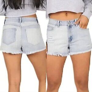 REWASH Light Wash Railroad Stripe Patchwork High Waisted Denim Jean Shorts 13 31